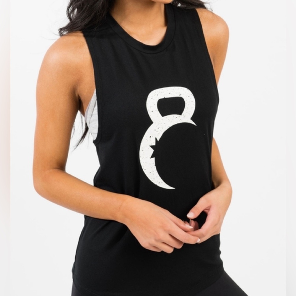 ZYIA Active Black Tank With White Kettlebell Moon Graphic Size Small